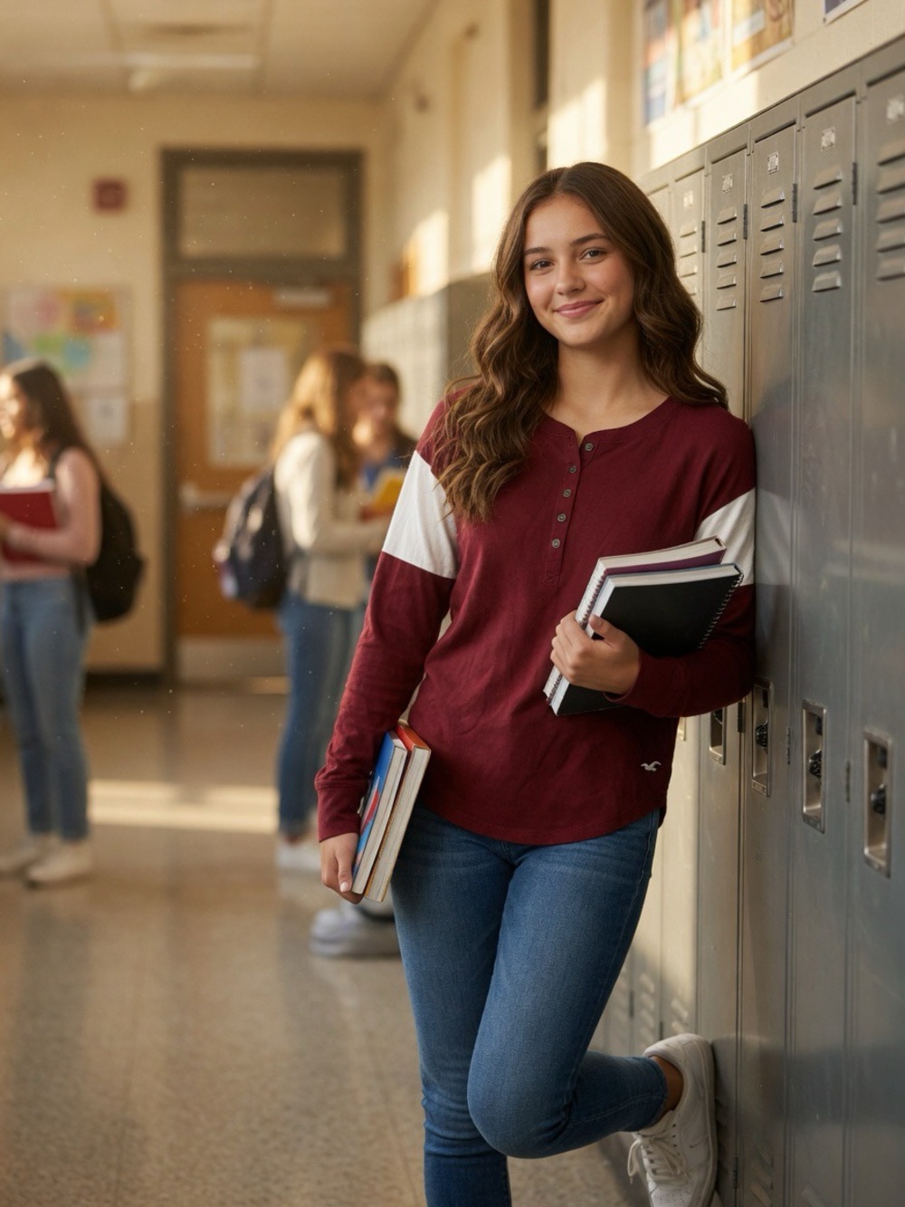 Hollister Maroon Henley Top with White Sleeve Panels